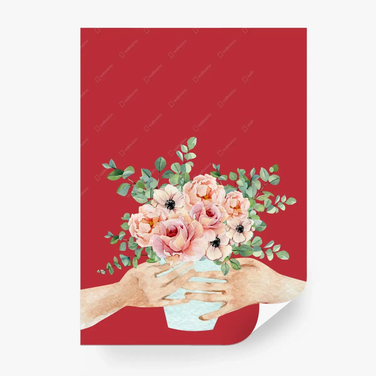 Wall mural soft peony bouquet on red background • Wallissimo®