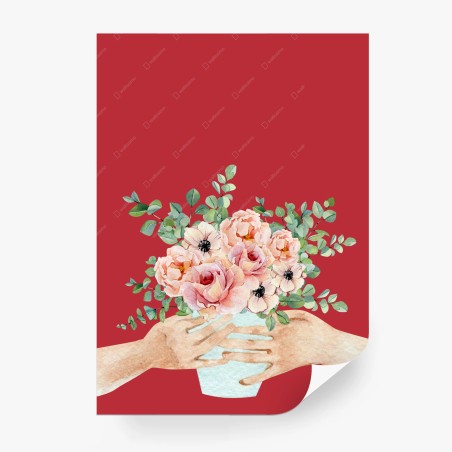 Wall mural soft peony bouquet on red background • Wallissimo®