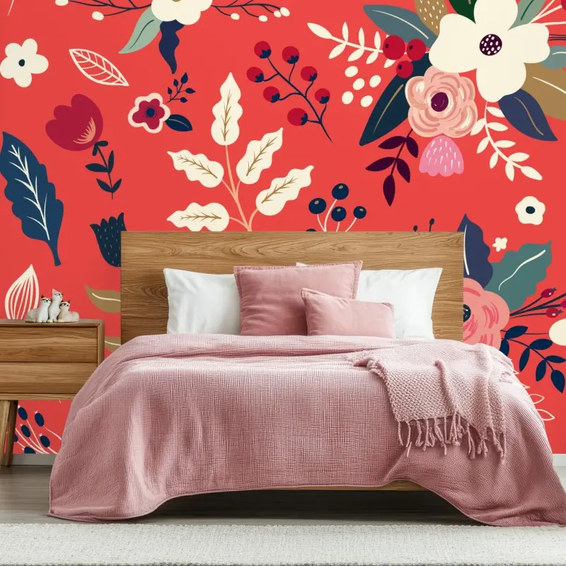 Wall mural coral floral bouquet pattern
