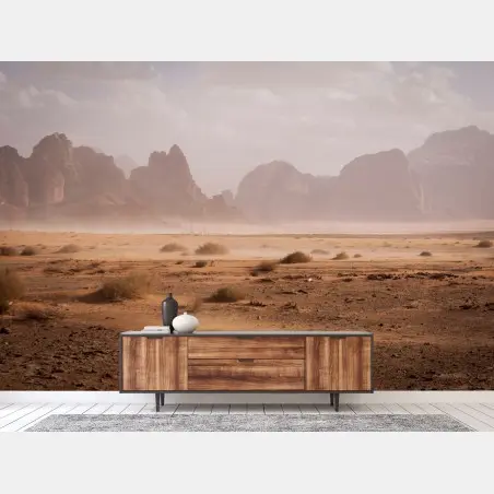 Wall mural vast desert landscape with rocky silhouettes • Wallissimo®
