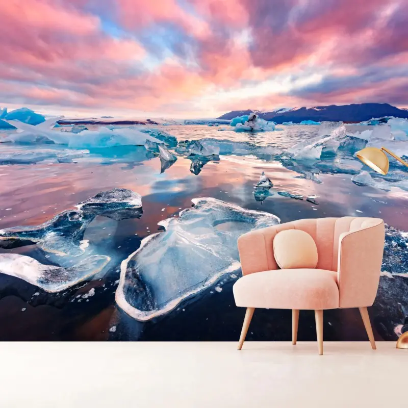 Wall mural pink sky over glacial lagoon