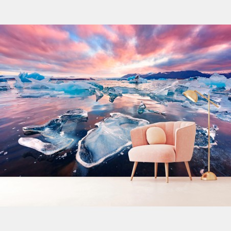 Wall mural pink sky over glacial lagoon • Wallissimo®