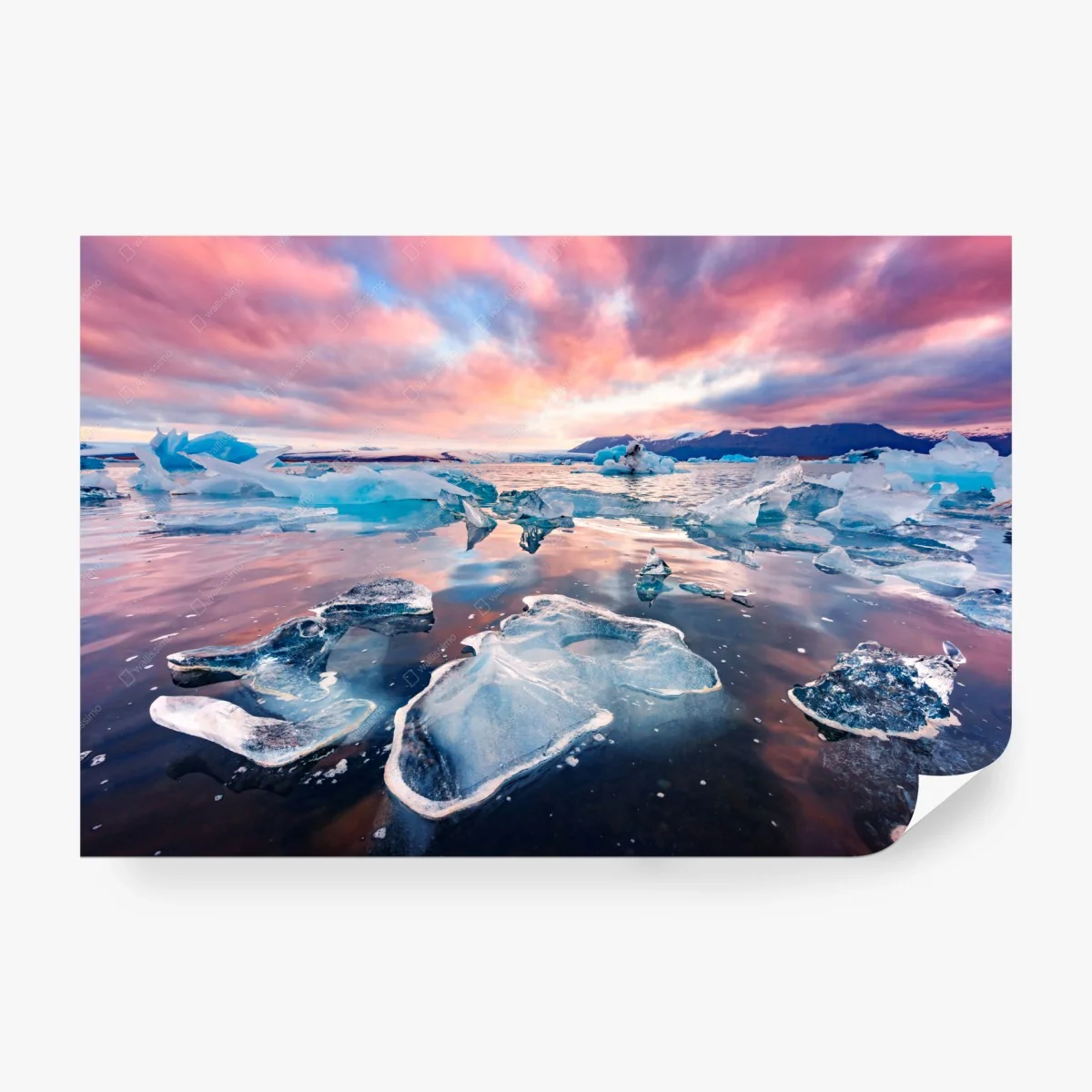Wall mural pink sky over glacial lagoon • Wallissimo® Wall mural pink sky over glacial lagoon • Wallissimo®