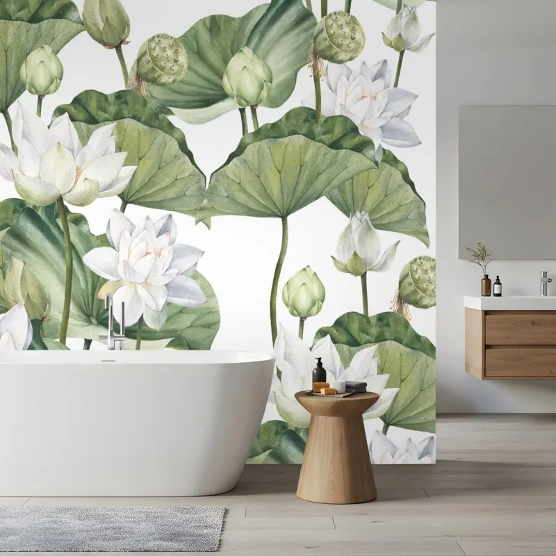 Wall mural white lotus watercolor botanical pattern