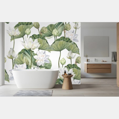 Wall mural white lotus watercolor botanical pattern • Wallissimo®
