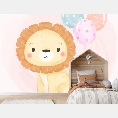 Wall mural adorable pastel lion with balloons • Wallissimo®