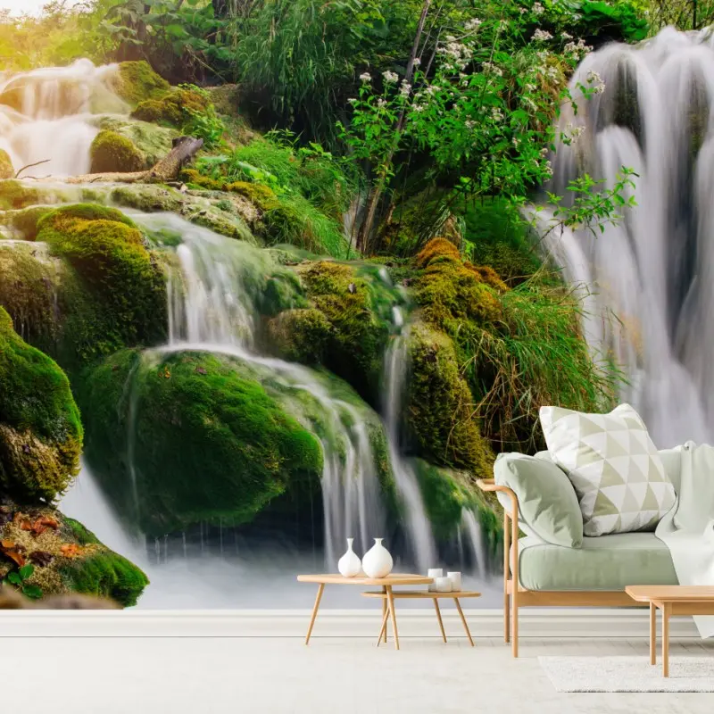 Wall mural moss-covered waterfall in a lush forest