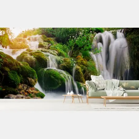 Wall mural moss-covered waterfall in a lush forest • Wallissimo®