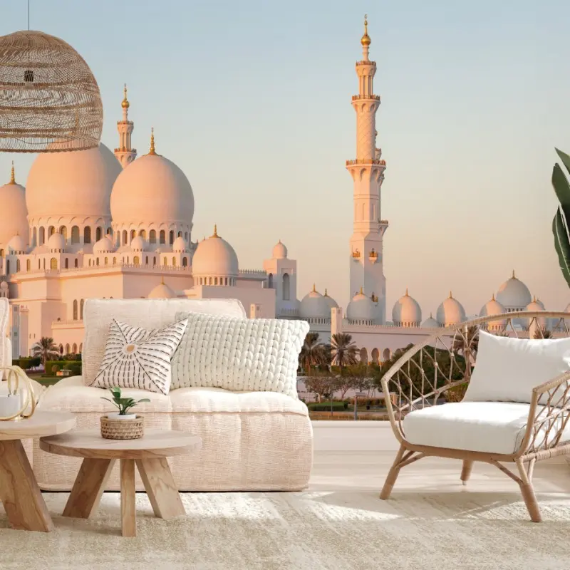 Wall mural white mosque domes and minarets at sunset