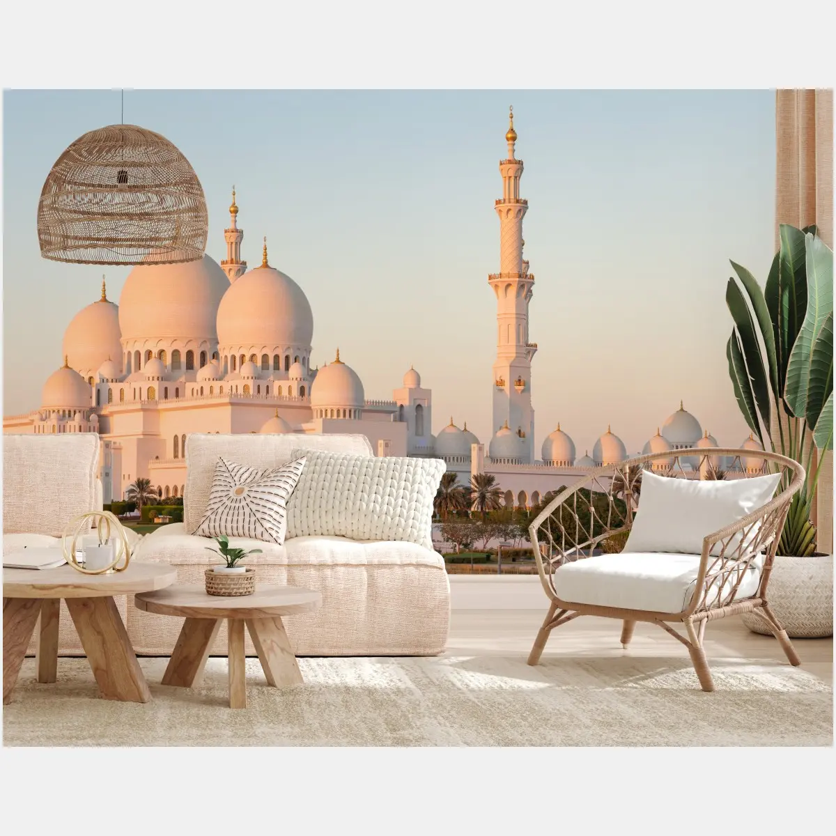 Wall mural white mosque domes and minarets at sunset • Wallissimo®