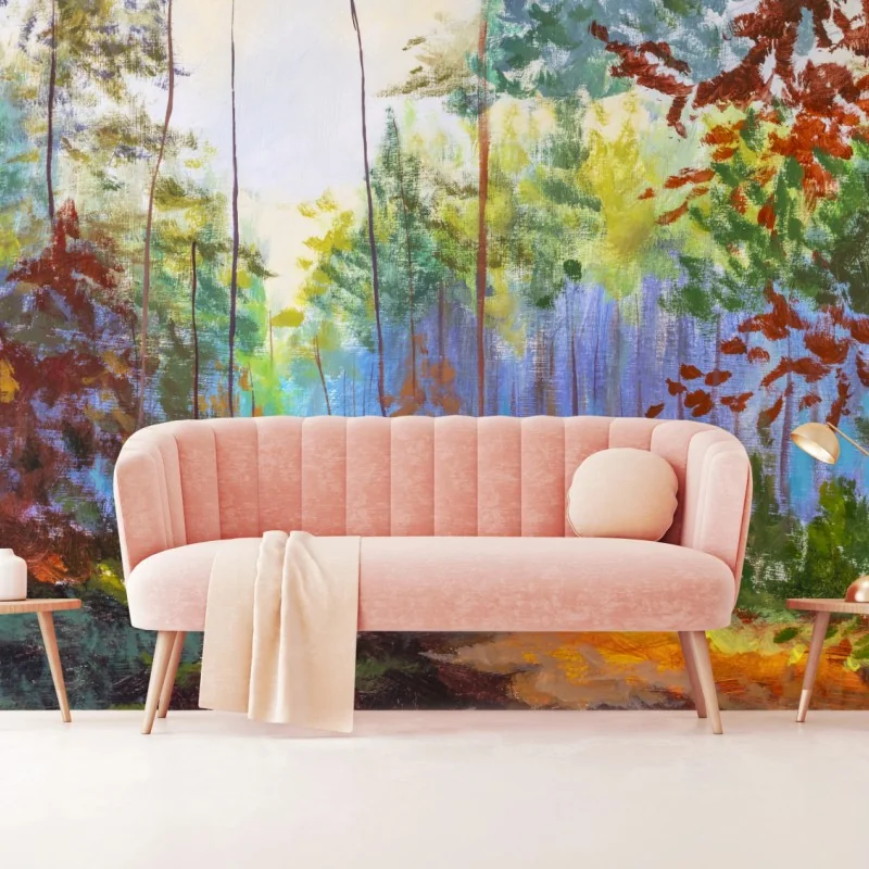 Wall mural sunlit autumn forest path