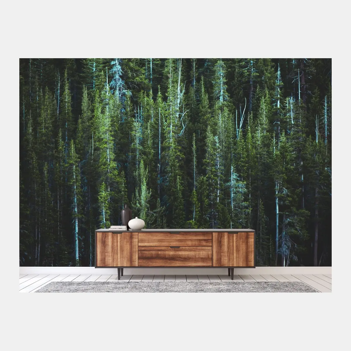 Wall mural tranquil turquoise lake and evergreen forest • Wallissimo®