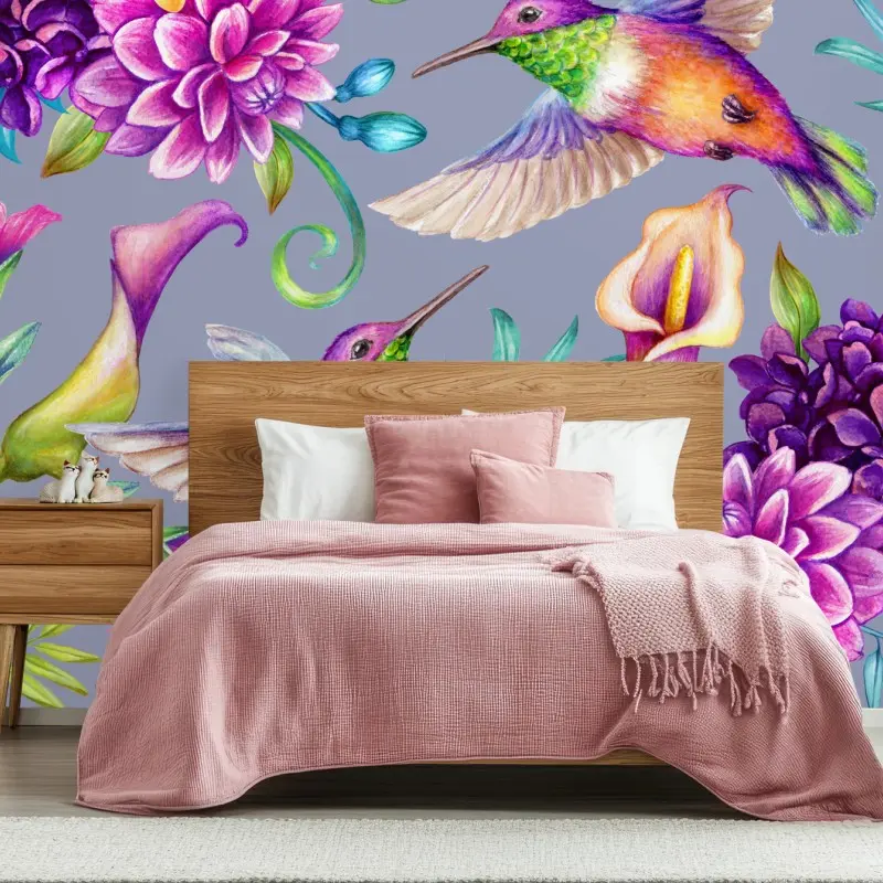 Wall mural vibrant hummingbird and tropical flower pattern
