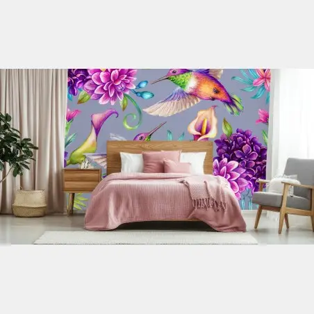 Wall mural vibrant hummingbird and tropical flower pattern • Wallissimo®