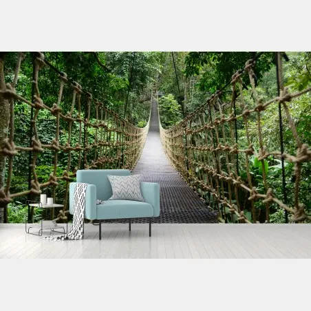 Wall mural suspended canopy bridge through lush forest • Wallissimo®