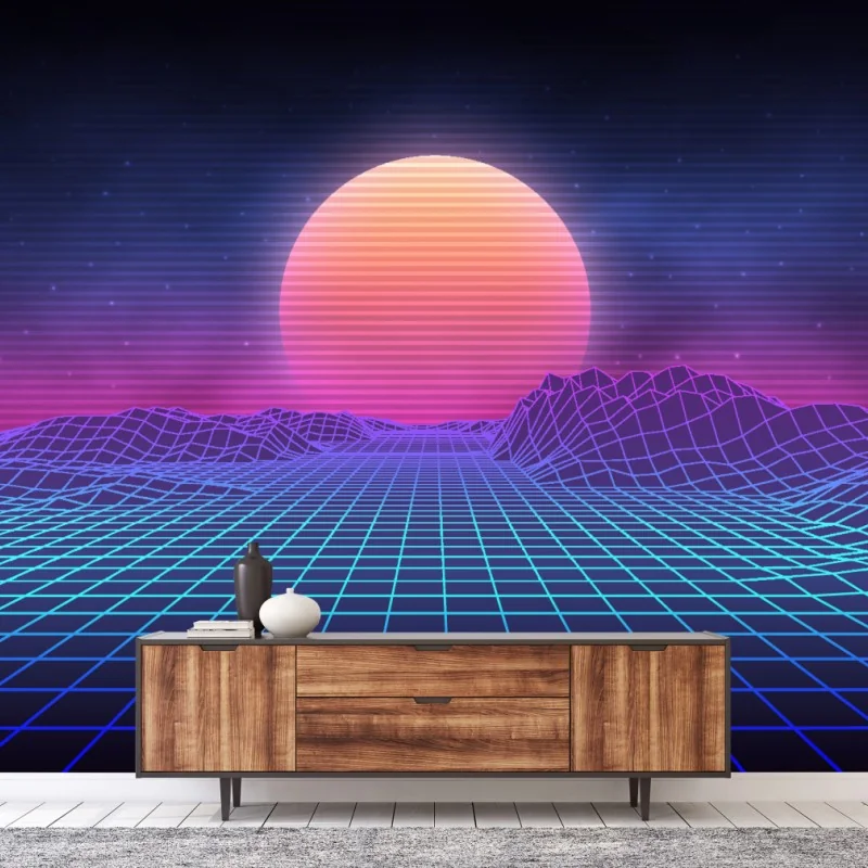 Wall mural synthwave neon grid sunset landscape