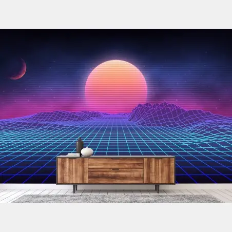 Wall mural synthwave neon grid sunset landscape • Wallissimo®