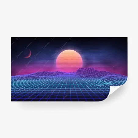 Wall mural synthwave neon grid sunset landscape • Wallissimo®