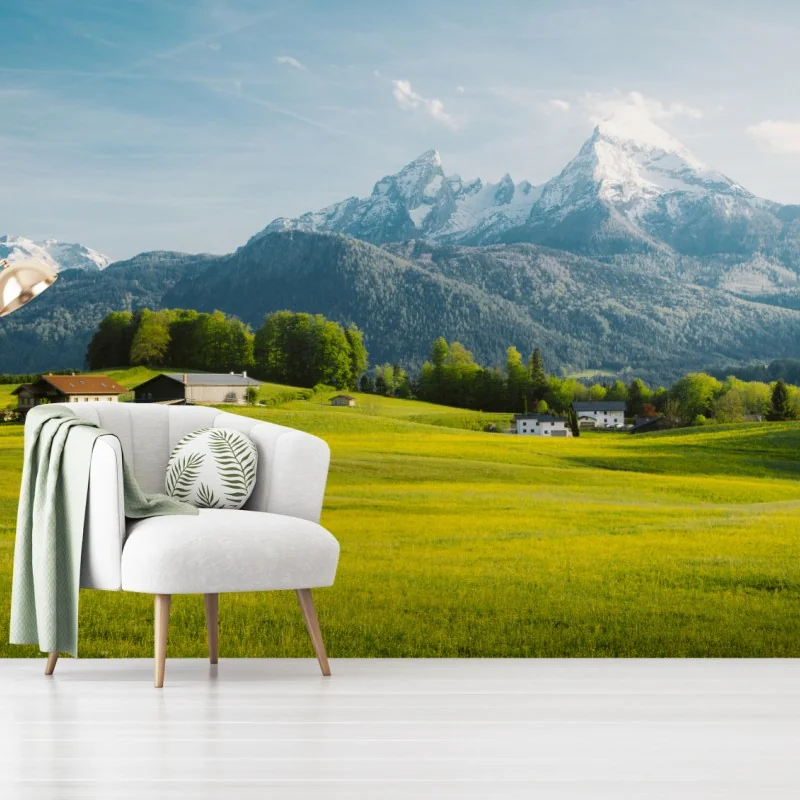 Wall mural alpine spring meadows with snowcapped peaks