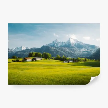 Wall mural alpine spring meadows with snowcapped peaks • Wallissimo®