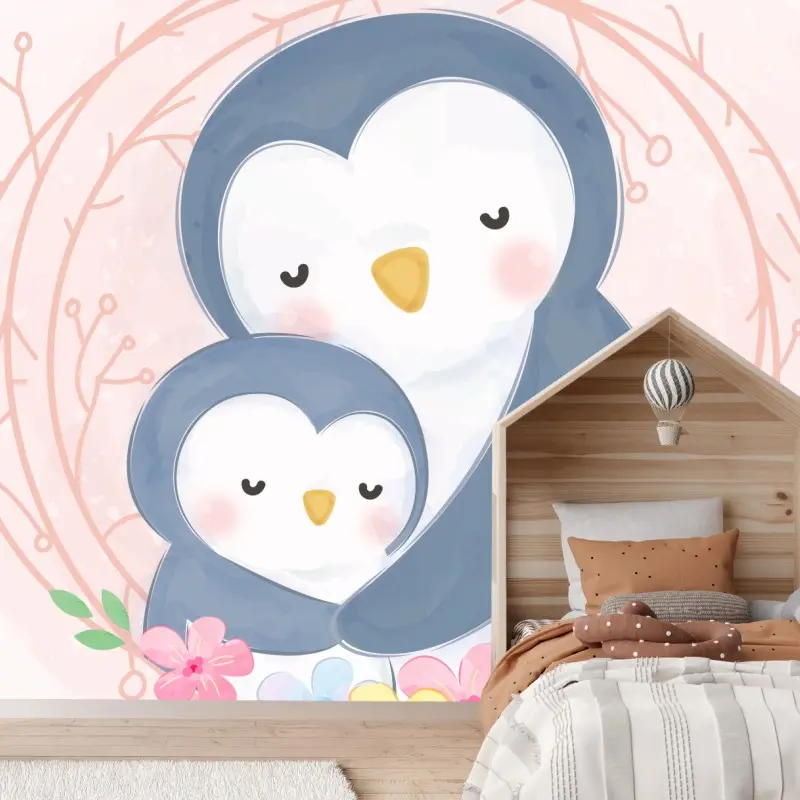 Wall mural penguin cuddle pastel nursery art