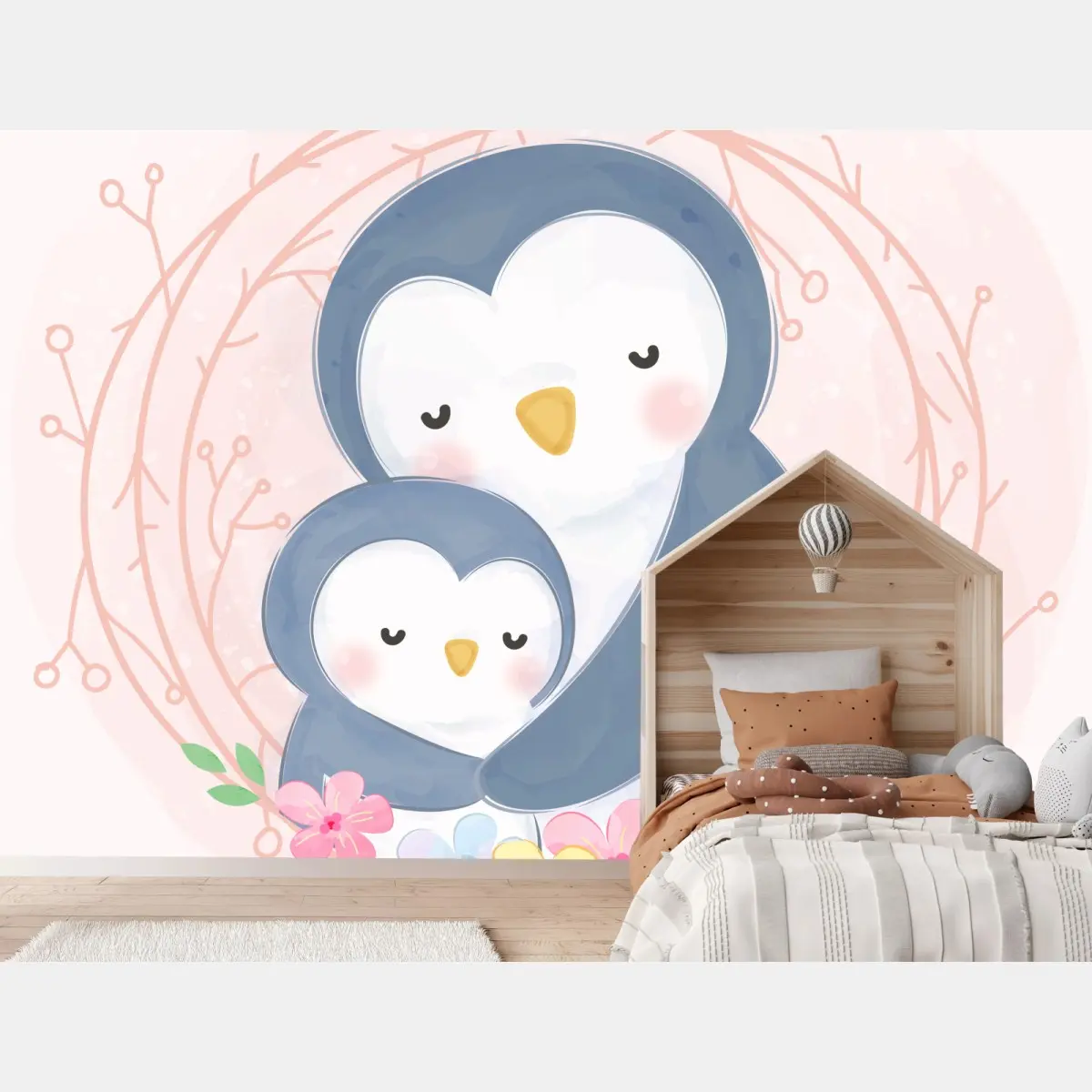 Wall mural penguin cuddle pastel nursery art • Wallissimo®