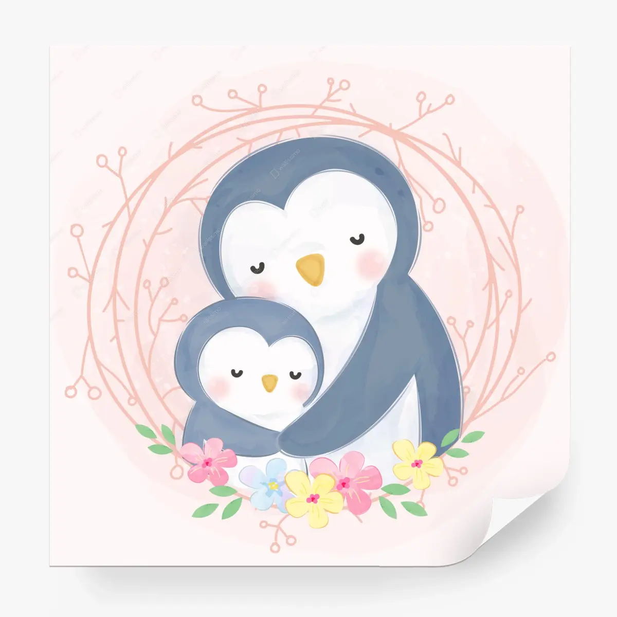 Wall mural penguin cuddle pastel nursery art • Wallissimo®
