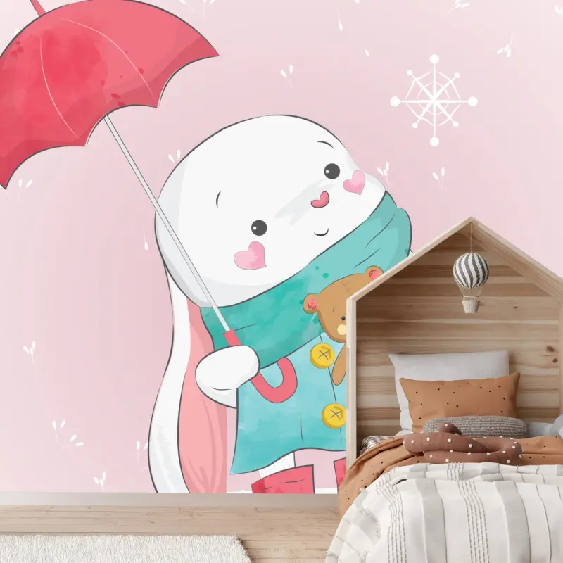 Wall mural cute bunny with teddy and umbrella