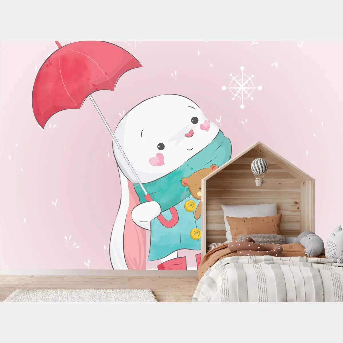 Wall mural cute bunny with teddy and umbrella • Wallissimo®