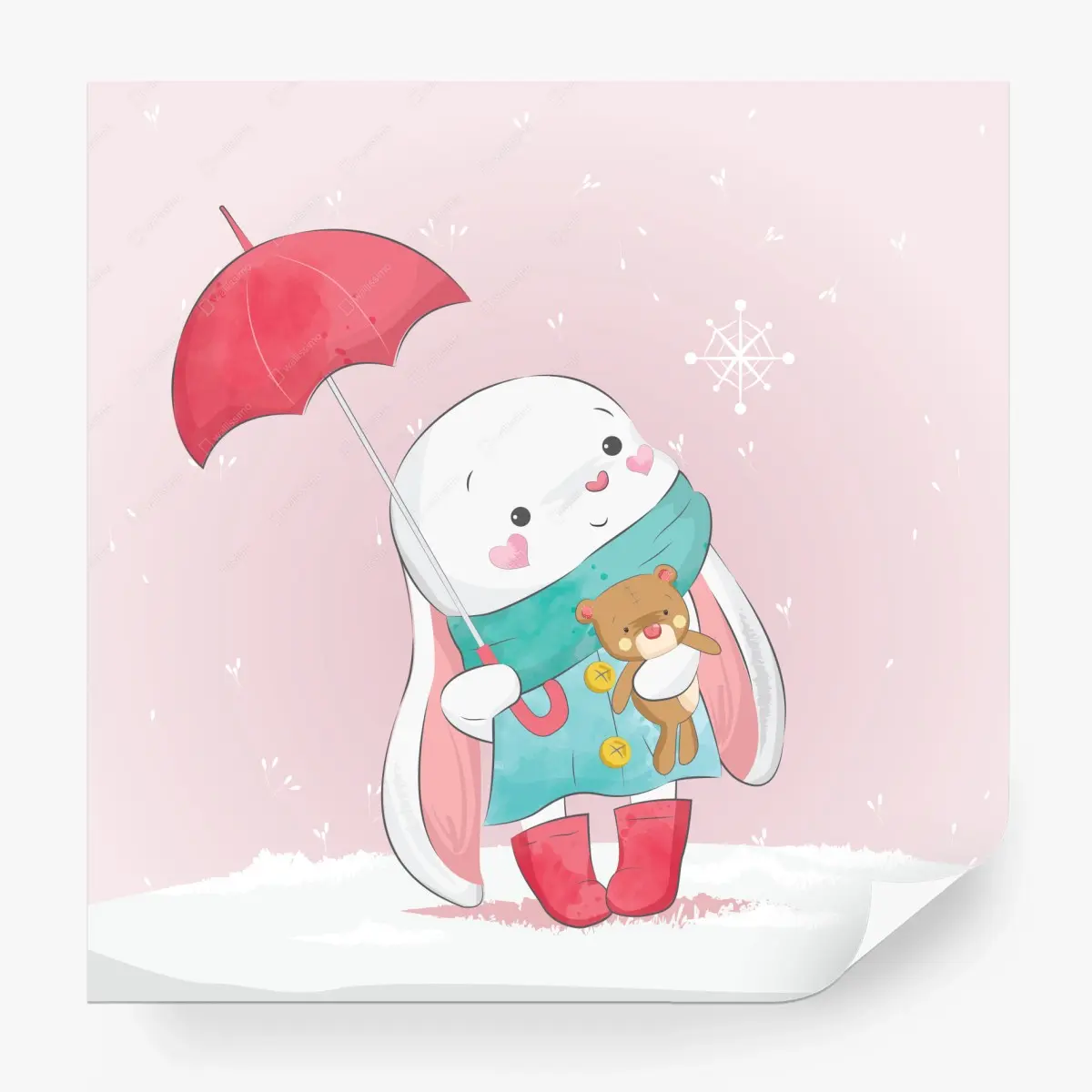 Wall mural cute bunny with teddy and umbrella • Wallissimo®