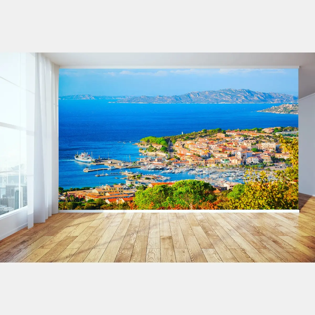 Wall mural sunlit Mediterranean harbor village • Wallissimo®