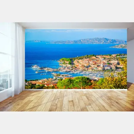 Wall mural sunlit Mediterranean harbor village • Wallissimo®