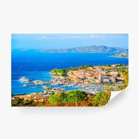 Wall mural sunlit Mediterranean harbor village • Wallissimo®