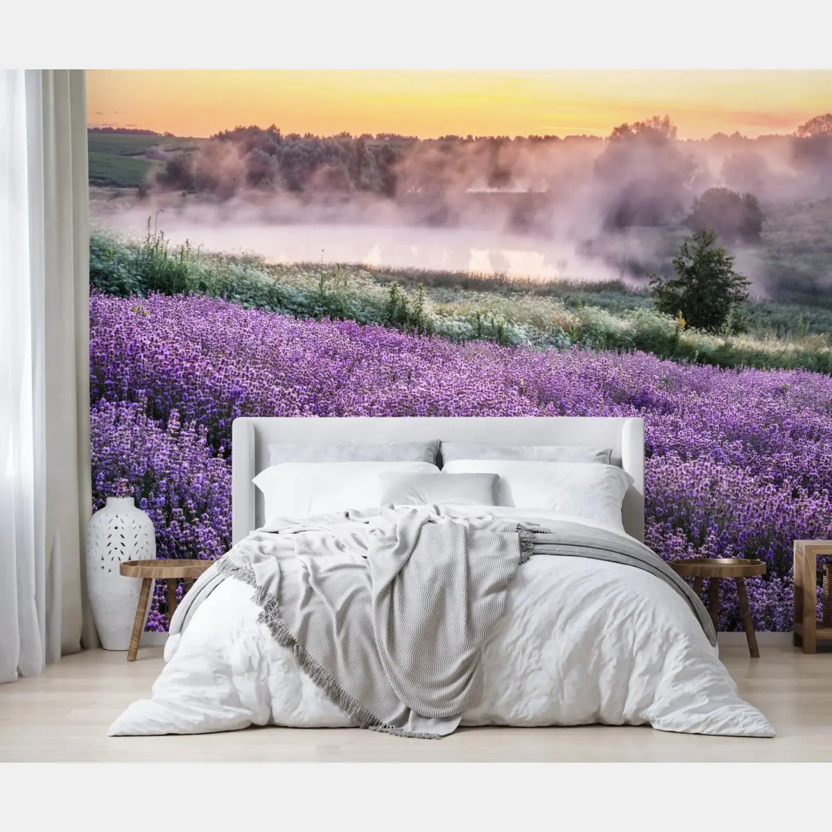 Wall mural misty lavender field at dawn • Wallissimo®