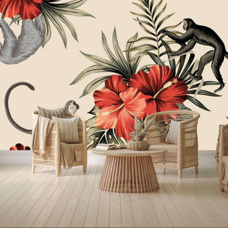 Wall mural tropical monkey and hibiscus pattern