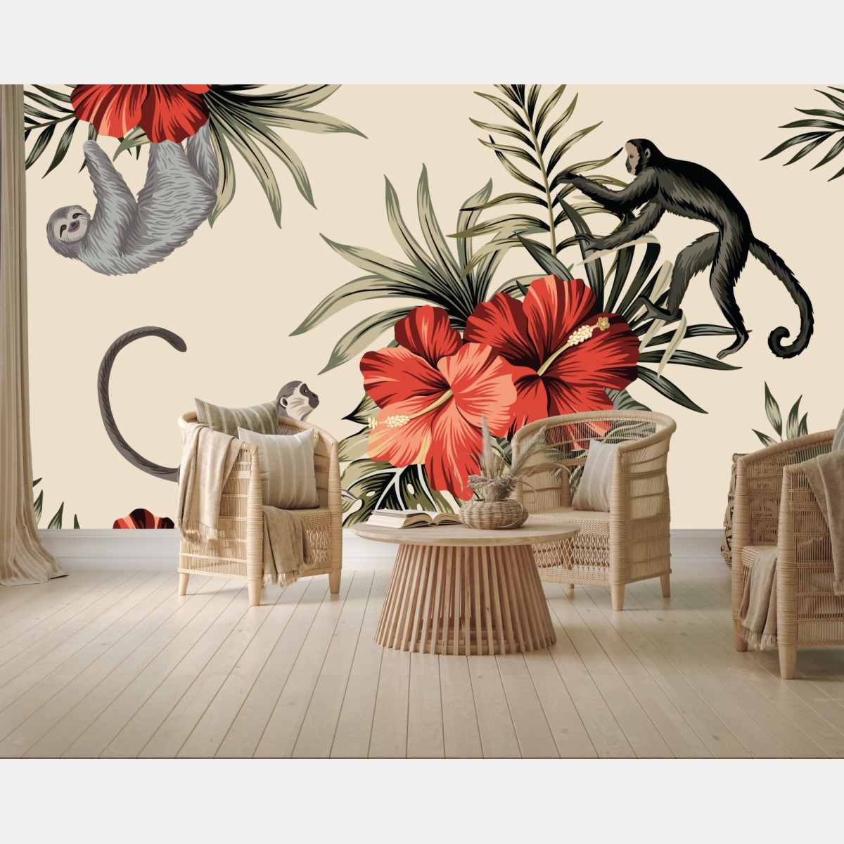 Wall mural tropical monkey and hibiscus pattern • Wallissimo®