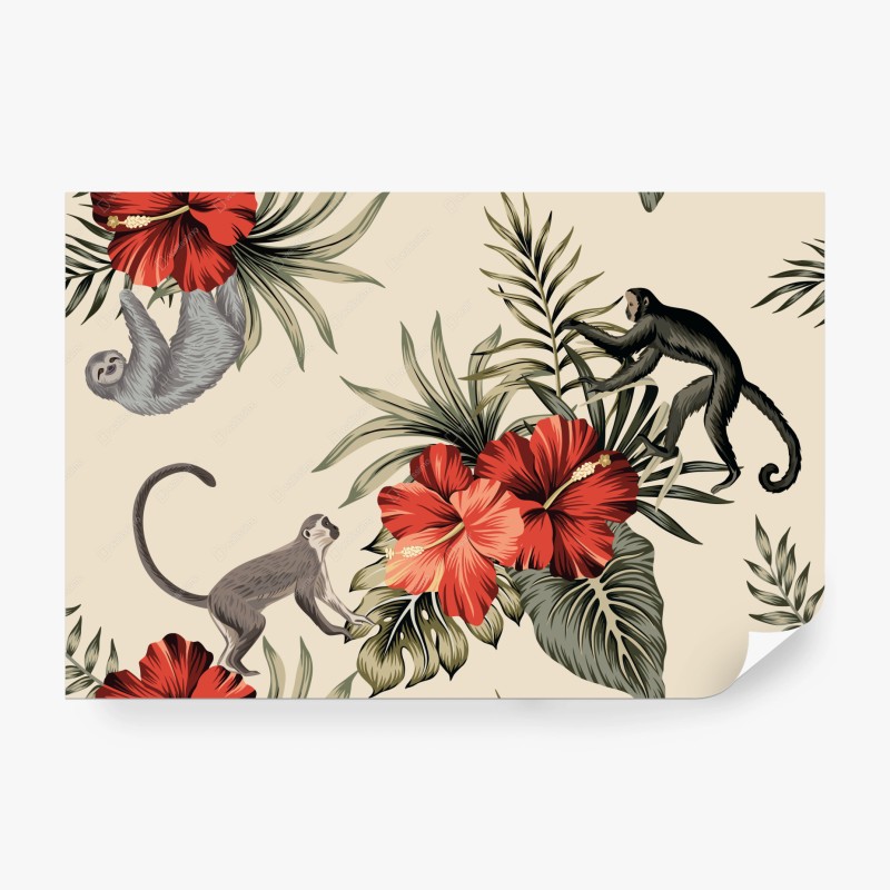 Wall mural tropical monkey and hibiscus pattern
