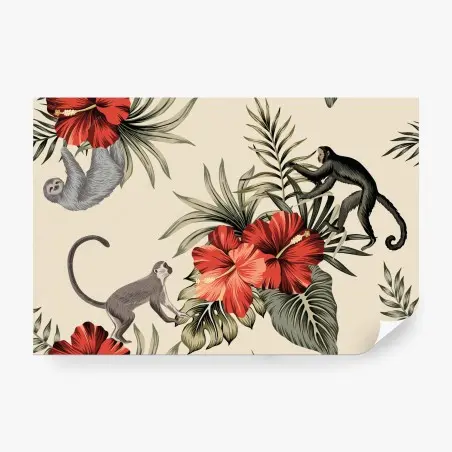 Wall mural tropical monkey and hibiscus pattern • Wallissimo®