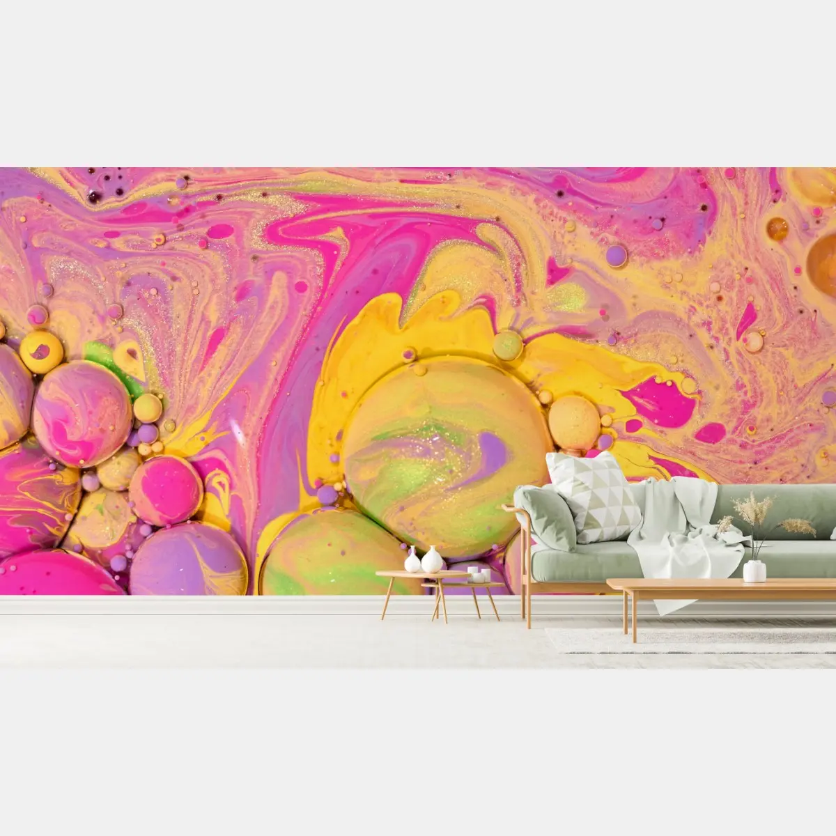 Wall mural vibrant pink and yellow fluid art • Wallissimo®