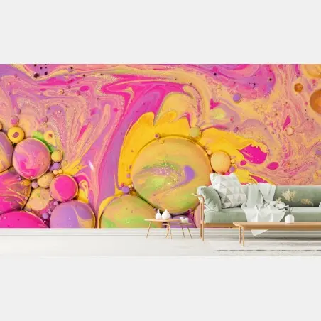Wall mural vibrant pink and yellow fluid art • Wallissimo®