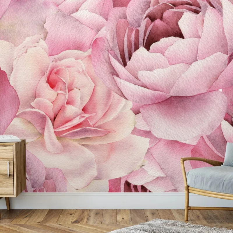 Wall mural soft pink watercolor roses pattern