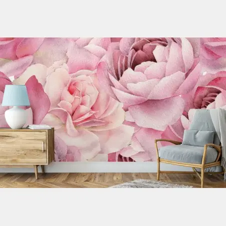 Wall mural soft pink watercolor roses pattern • Wallissimo®
