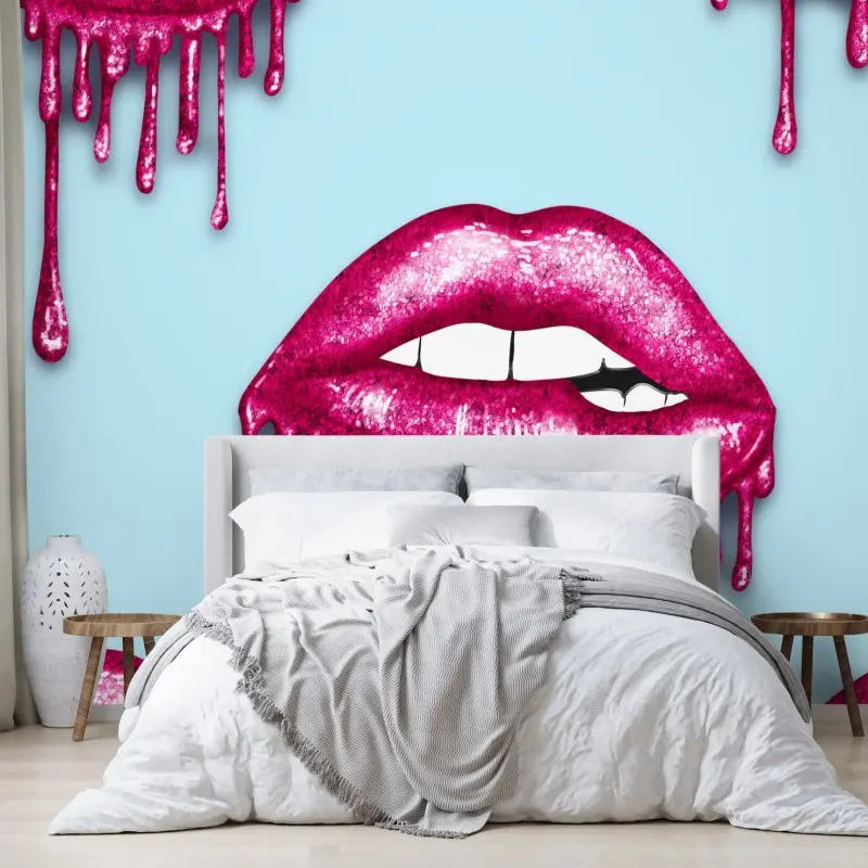 Wall mural glitter dripping lips pop art print