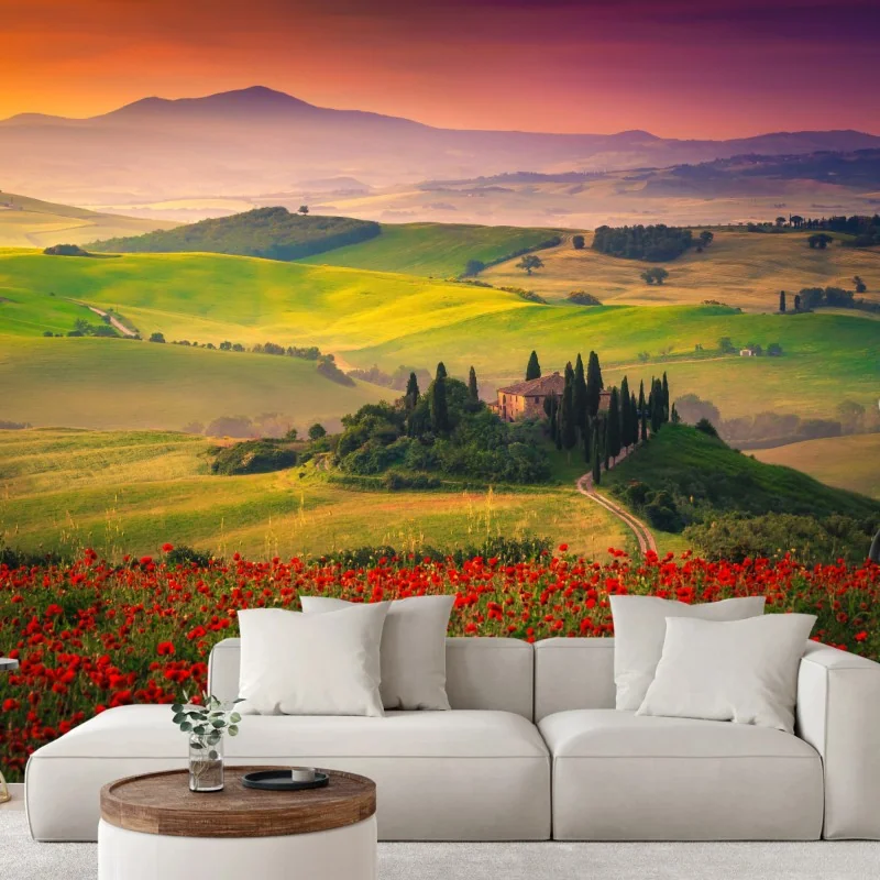 Wall mural Tuscany poppy fields at sunset