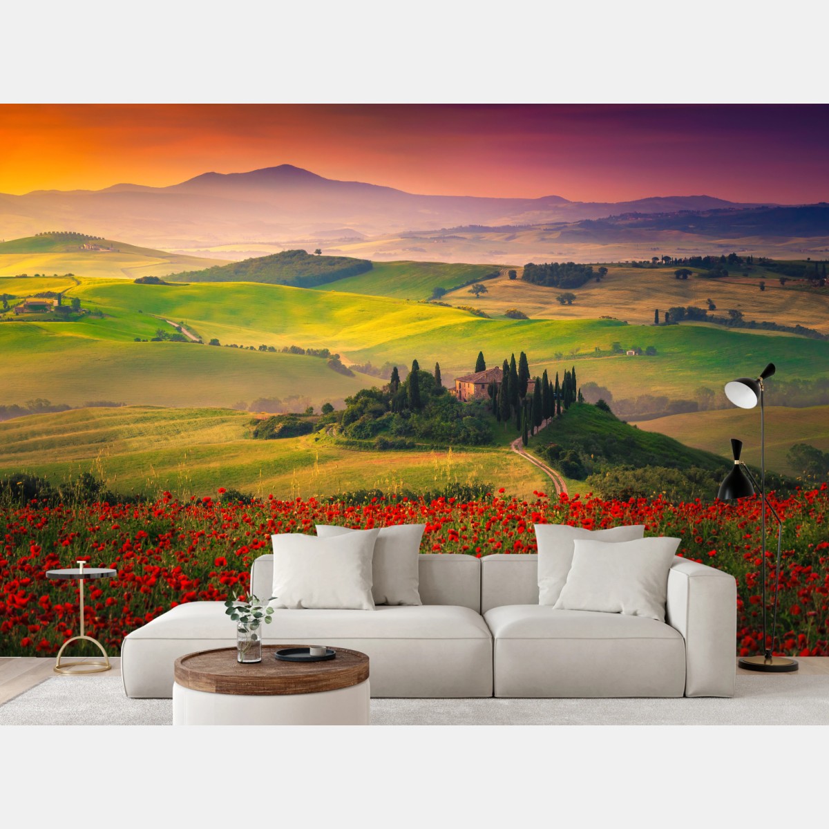Wall mural Tuscany poppy fields at sunset • Wallissimo®
