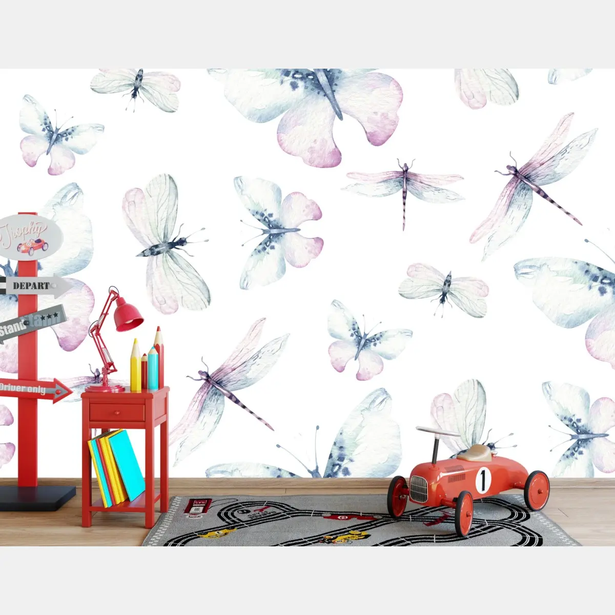 Wall mural soft watercolor butterflies and dragonflies pattern • Wallissimo®