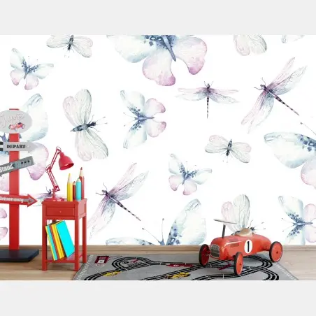 Wall mural soft watercolor butterflies and dragonflies pattern • Wallissimo®