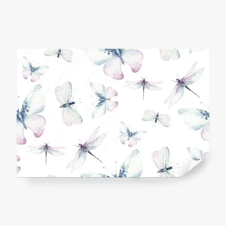 Wall mural soft watercolor butterflies and dragonflies pattern • Wallissimo®