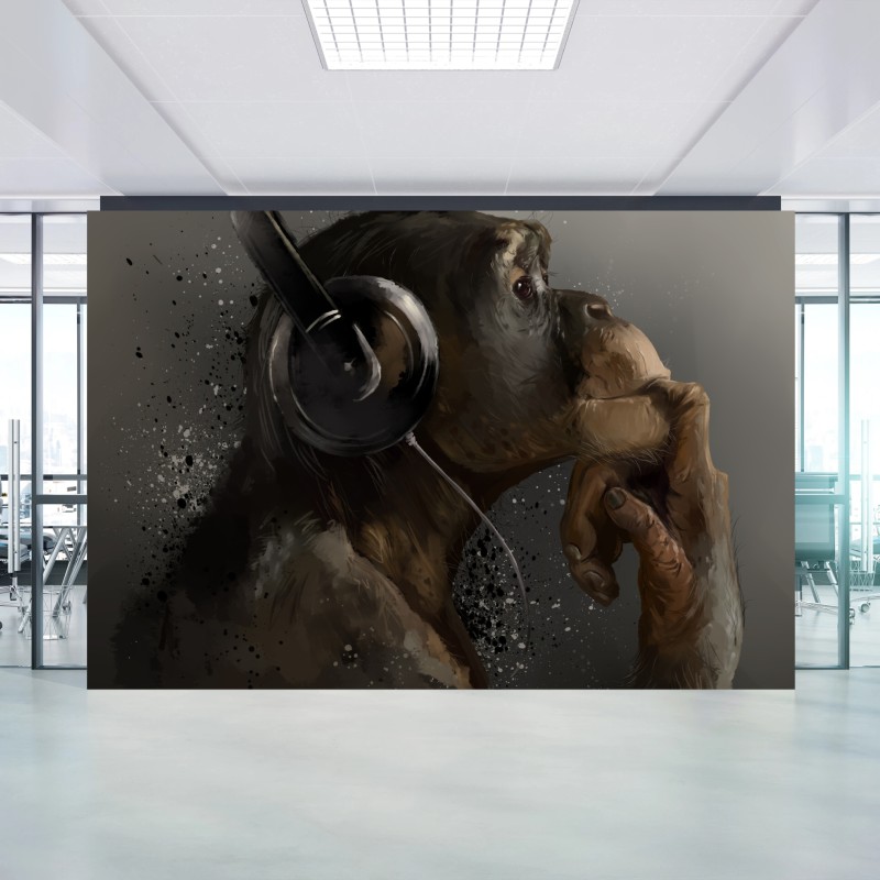 Wall mural contemplative chimp with headphones