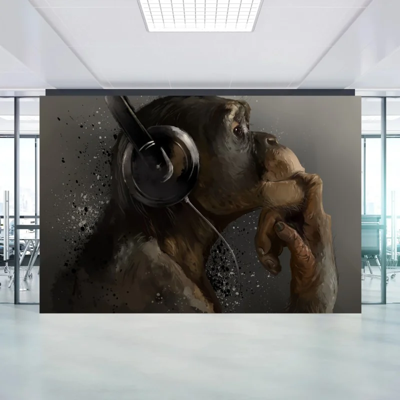 Wall mural contemplative chimp with headphones